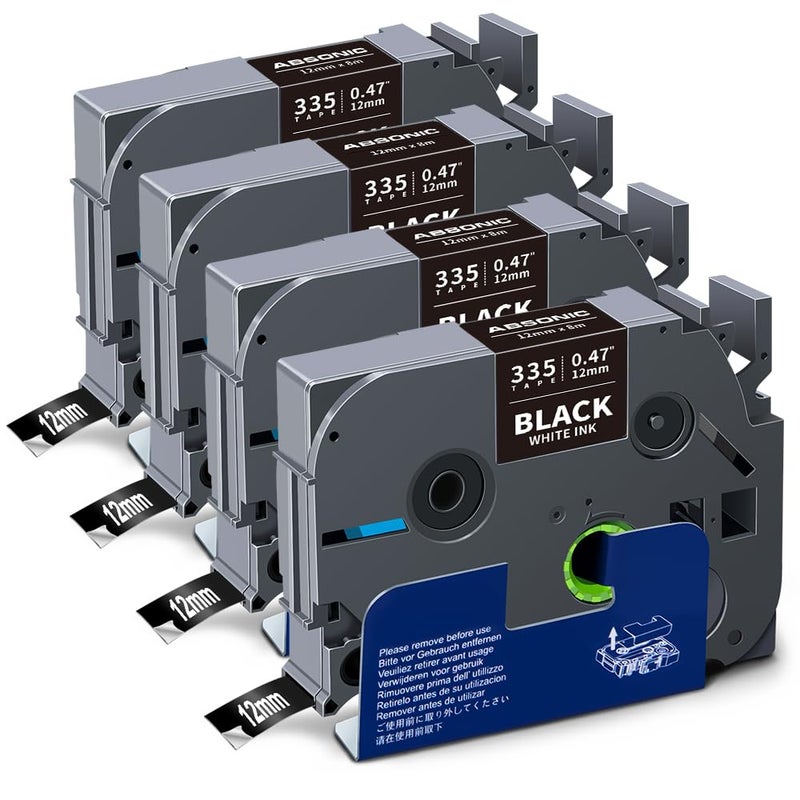 Absonic Tz-335 White on Black Label Tape Compatible for Brother Tze-335 P Touch Label Tape Tze Tz 12mm 0.47 Laminated Black for Ptouch Label Maker PTD220 PTH110 PTD210 PTD600 PTD400 PT1880, 4 Pack - Image 1